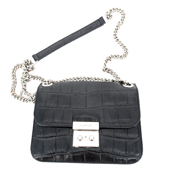 Michael Kors Sloan Editor Black Leather Crocodile Embossed Chain Strap Handbag - Picture 4 of 14